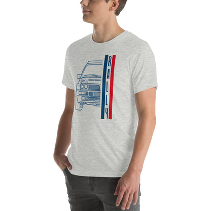 Group A Rally Tee — Six in a Row graphic t-shirt, Athletic Heather angled front view — Marque automotive apparel