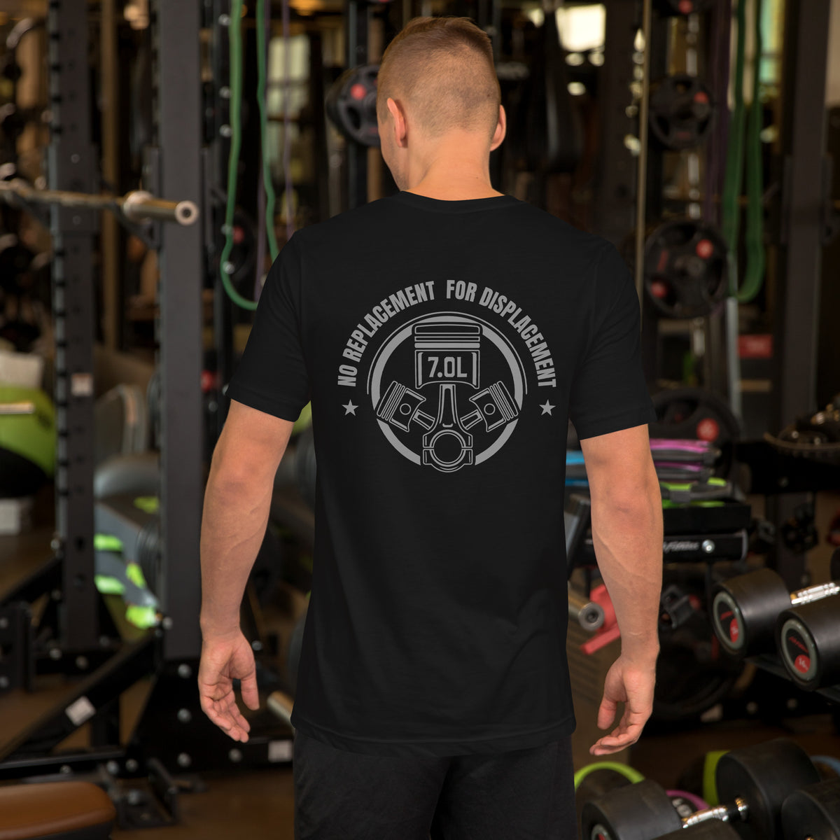 No Replacement for Displacement Tee — Big-Inch Gospel graphic t-shirt, Black back view (2) — Marque automotive apparel