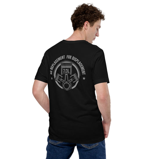 No Replacement for Displacement Tee — Big-Inch Gospel graphic t-shirt, Black back view — Marque automotive apparel