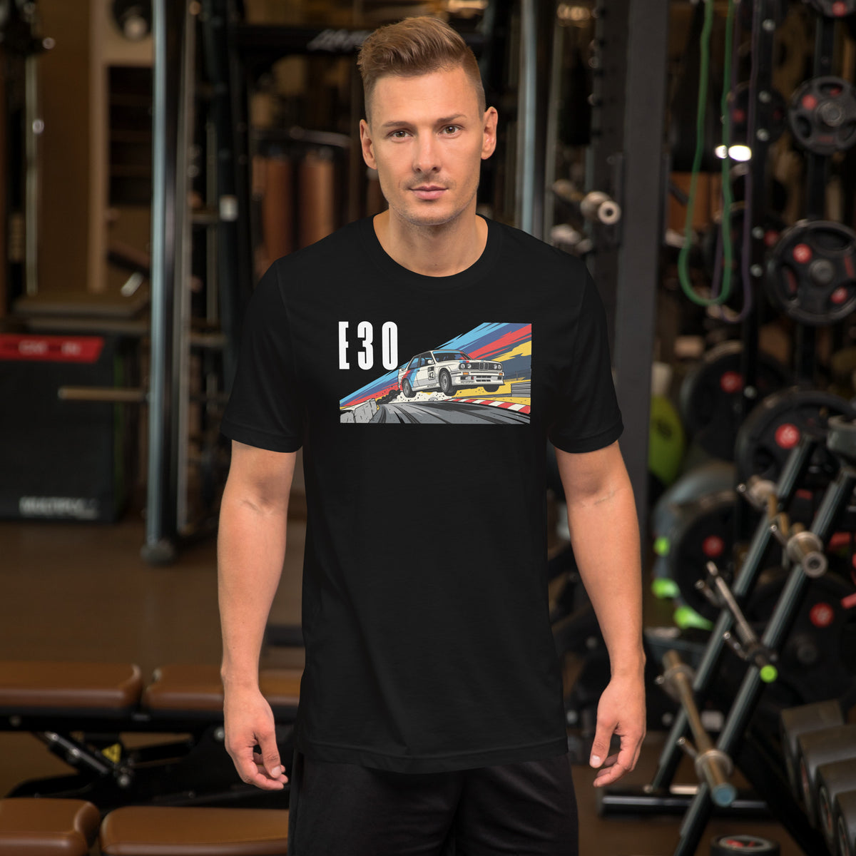 E30 Touring Car Tee — Group A Heritage graphic t-shirt, Black front view — Marque automotive apparel