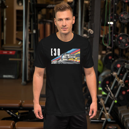 E30 Touring Car Tee — Group A Heritage graphic t-shirt, Black front view — Marque automotive apparel