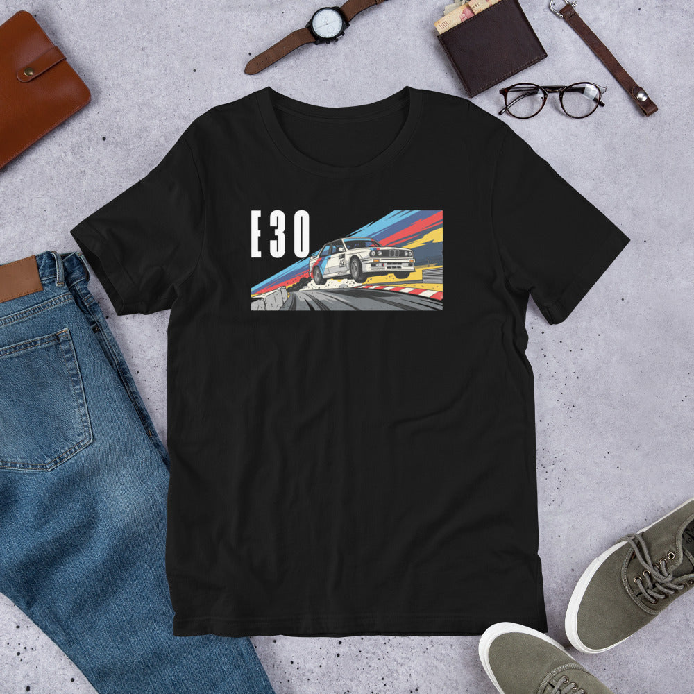 E30 Touring Car Tee — Group A Heritage graphic t-shirt, Black front view (2) — Marque automotive apparel