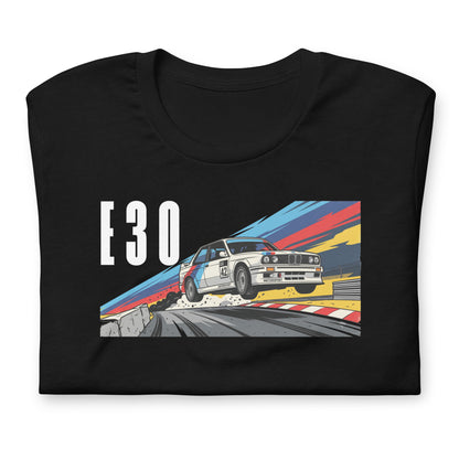 E30 Touring Car Tee — Group A Heritage graphic t-shirt, Black front view (4) — Marque automotive apparel