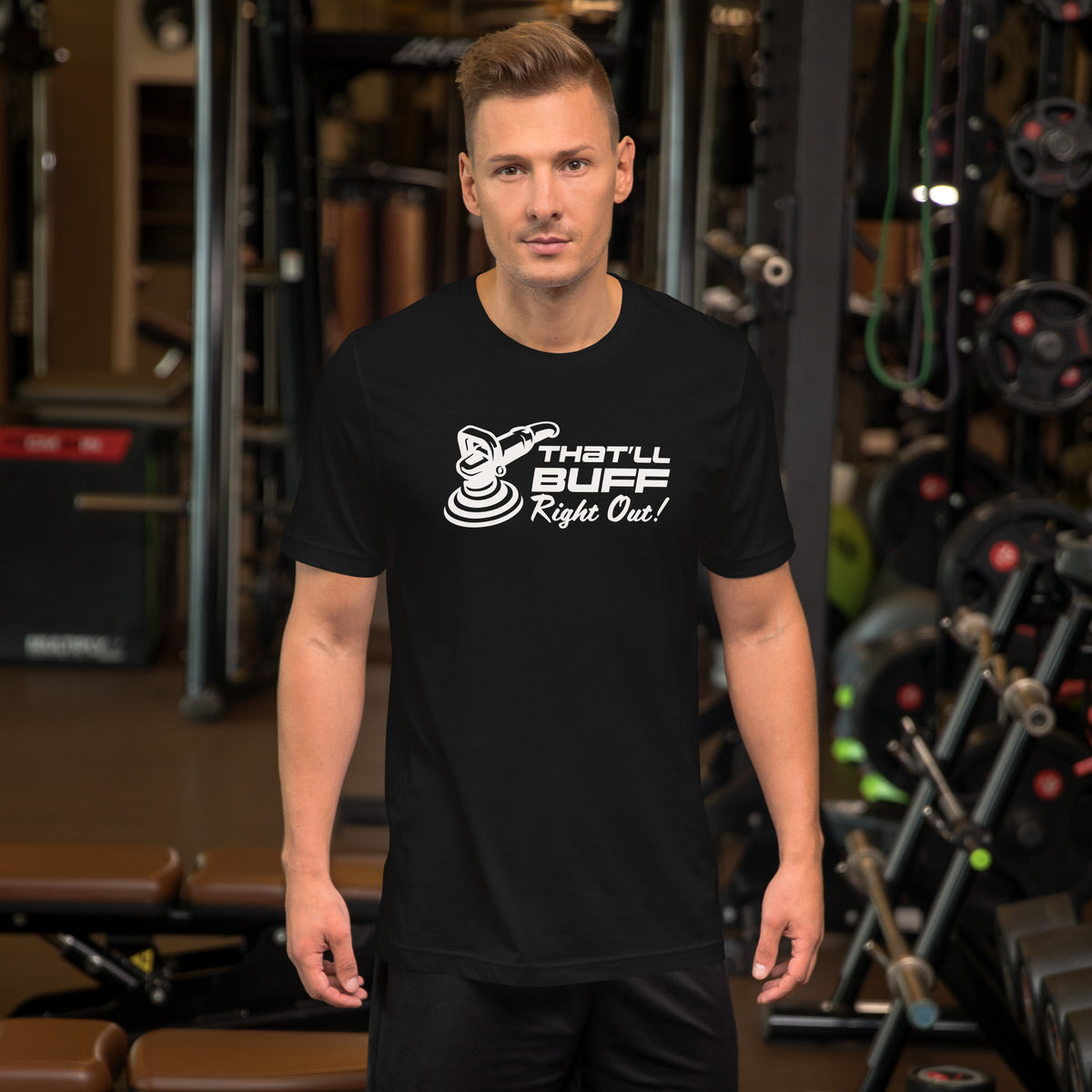 That'll Buff Right Out Tee — Optimism, Applied graphic t-shirt, Black front view (3) — Marque automotive apparel