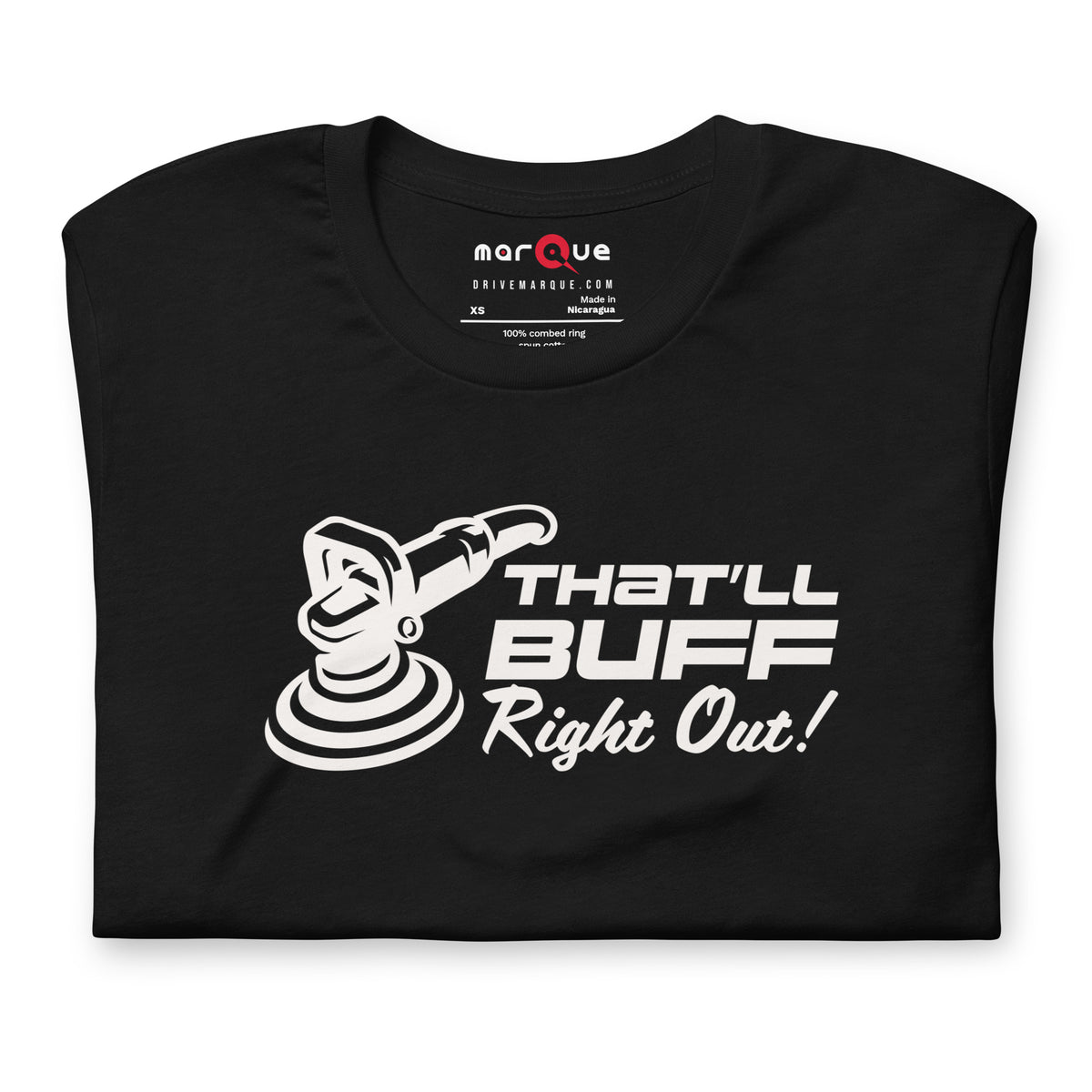 That'll Buff Right Out Tee — Optimism, Applied graphic t-shirt, Black front view (2) — Marque automotive apparel