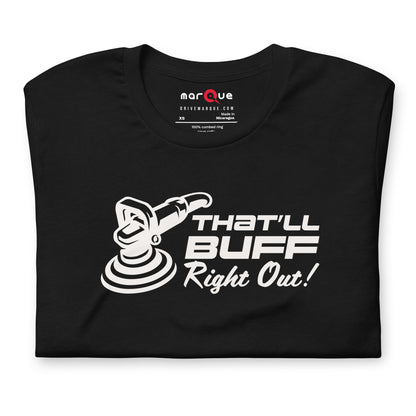 That'll Buff Right Out Tee — Optimism, Applied graphic t-shirt, Black front view (2) — Marque automotive apparel