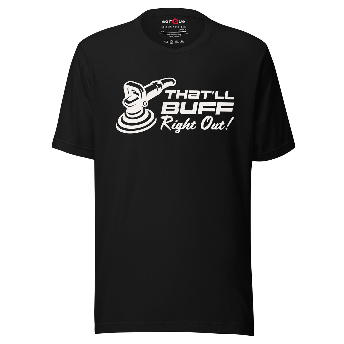 That'll Buff Right Out Tee — Optimism, Applied graphic t-shirt, Black front view — Marque automotive apparel