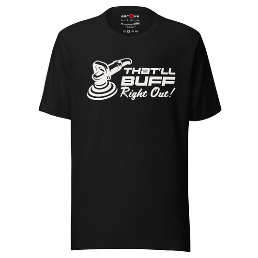 That'll Buff Right Out Tee — Optimism, Applied graphic t-shirt, Black front view — Marque automotive apparel