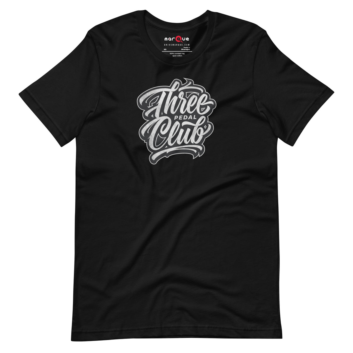 Three Pedal Club Tee — Manual Only graphic t-shirt, Black front view — Marque automotive apparel
