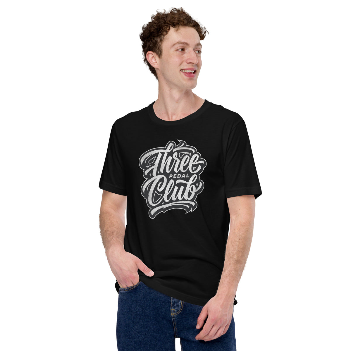 Three Pedal Club Tee — Manual Only graphic t-shirt, Black front view (3) — Marque automotive apparel