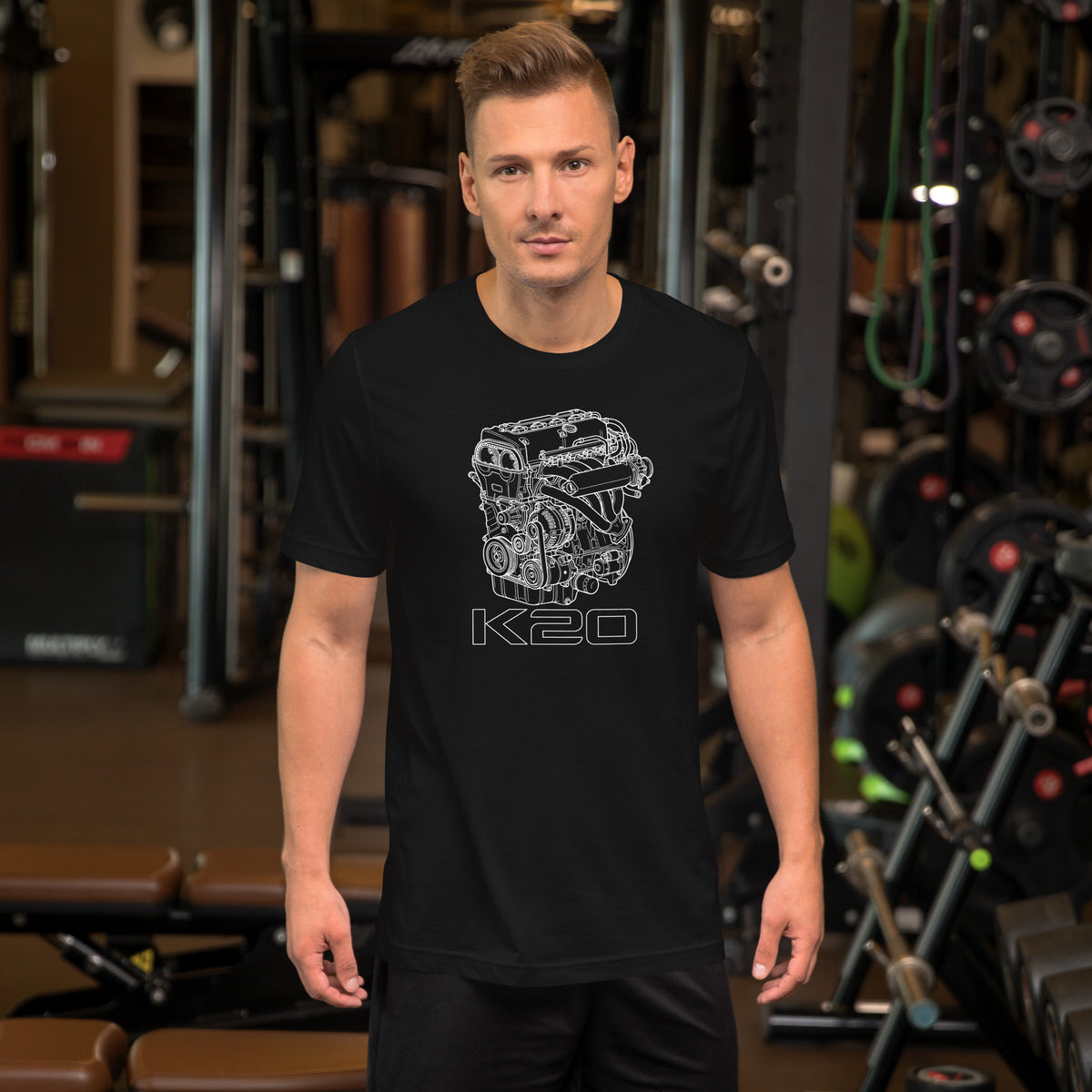 K20 Blueprint Tee — High-Rev Inline-Four graphic t-shirt, Black front view (2) — Marque automotive apparel