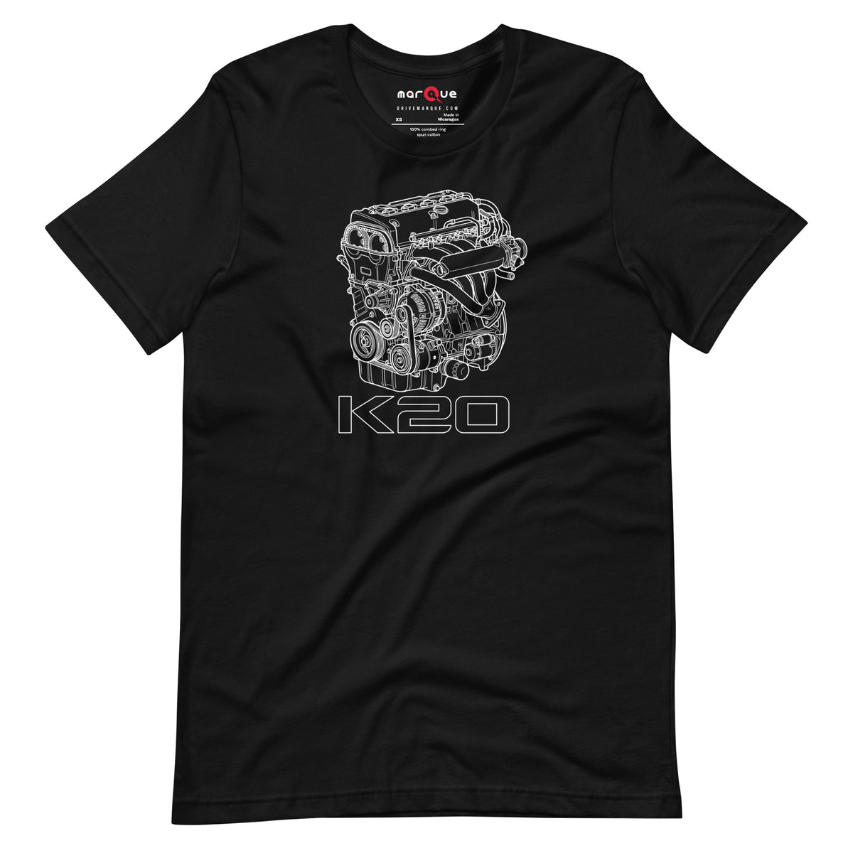 K20 Blueprint Tee — High-Rev Inline-Four graphic t-shirt, Black front view — Marque automotive apparel