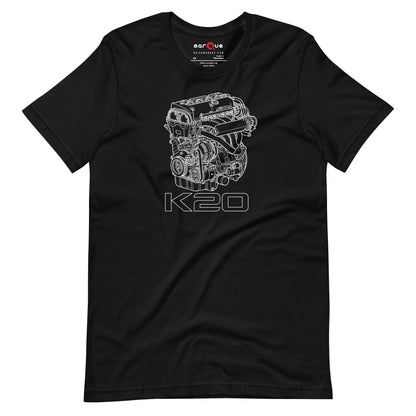 K20 Blueprint Tee — High-Rev Inline-Four graphic t-shirt, Black front view — Marque automotive apparel