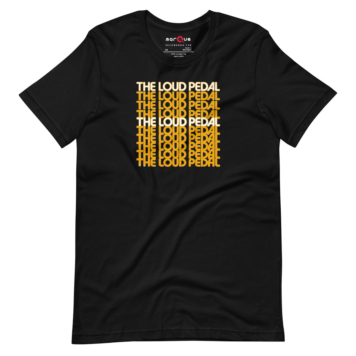 Loud Pedal Tee — Right Foot Down graphic t-shirt, Black front view — Marque automotive apparel