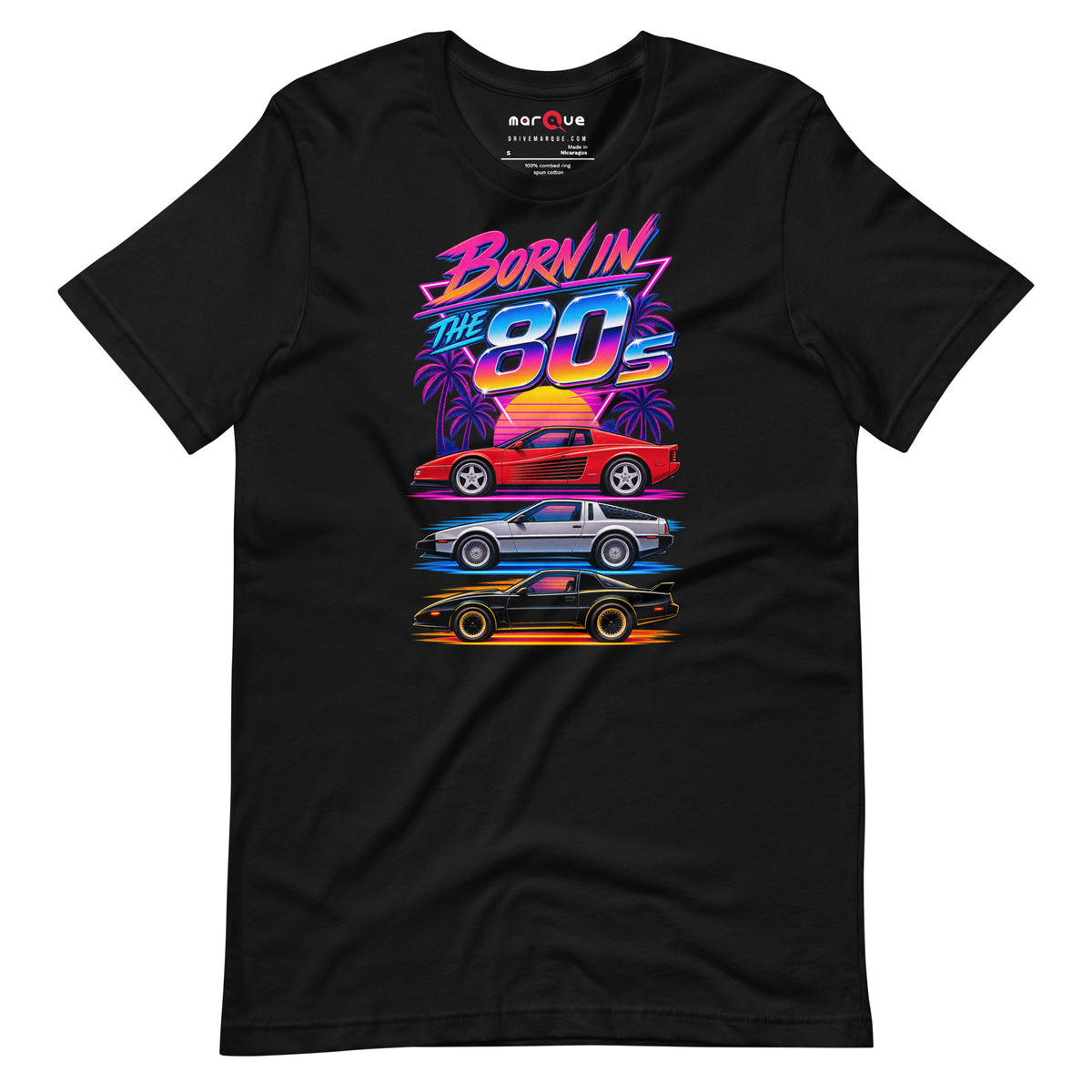 Born in the 80s tee, Black front view — Marque automotive apparel