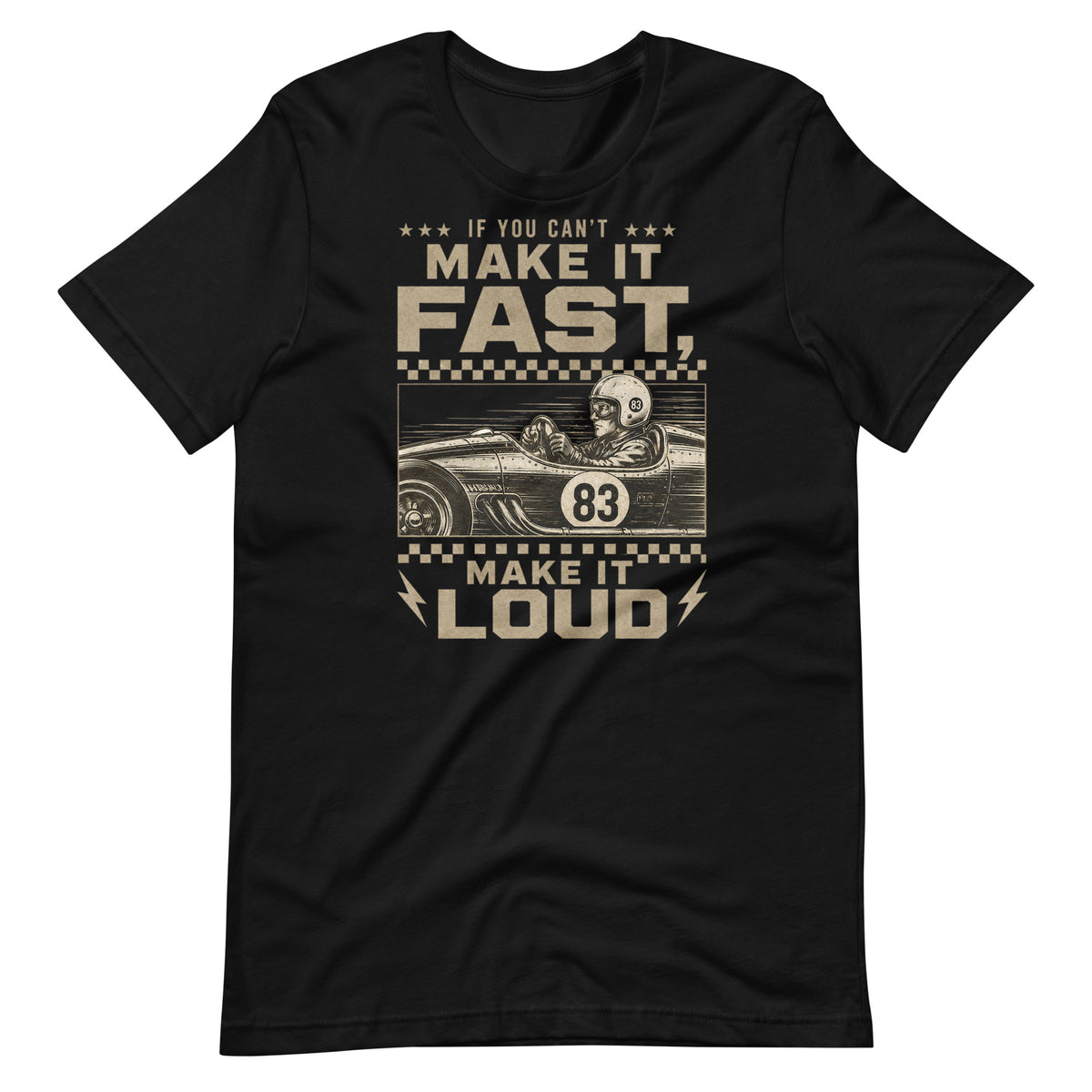 Can't Make It Fast, Make It Loud Tee, Black front view — Marque automotive apparel
