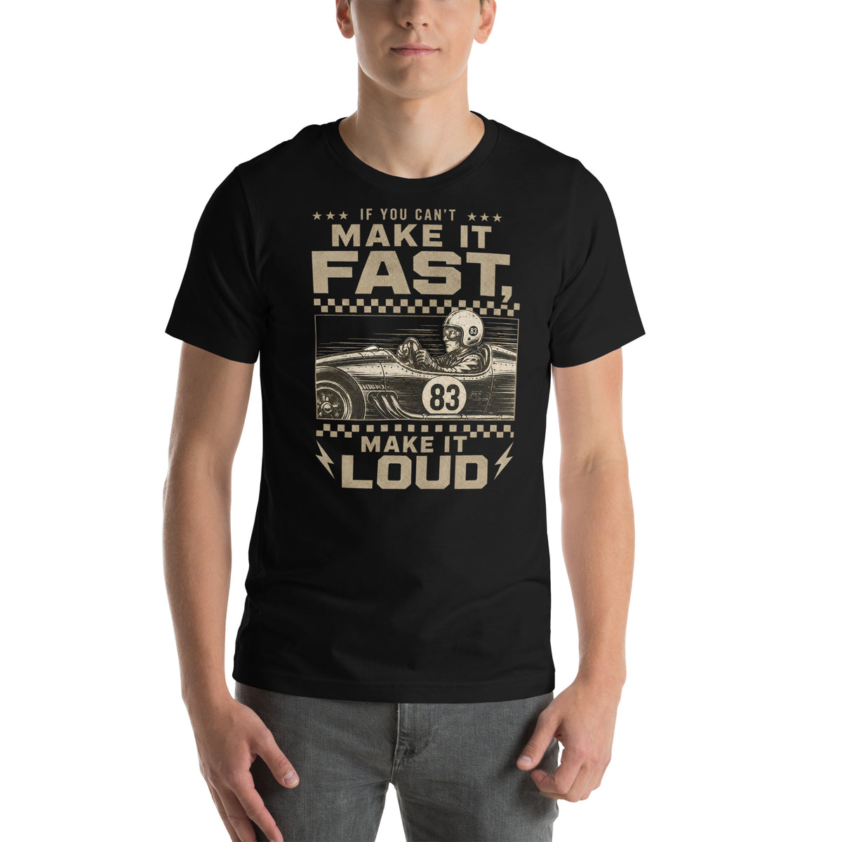 Can't Make It Fast, Make It Loud Tee, Black front view (2) — Marque automotive apparel