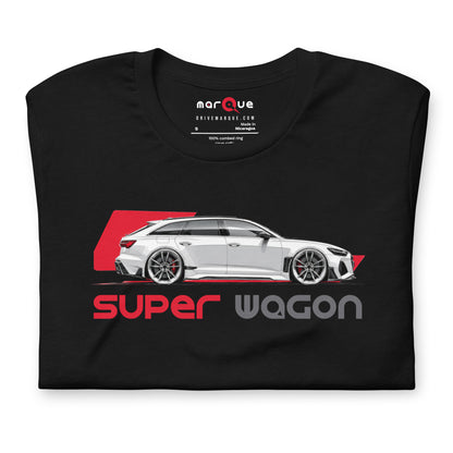 Super Wagon Tee, Black — folded flat lay, front print detail, Marque automotive apparel