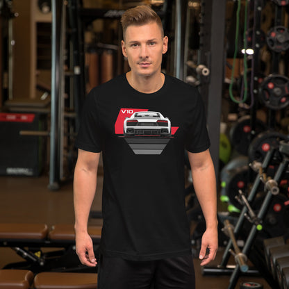 The Sensible Supercar Tee, Black — worn front view, gym setting, Marque automotive apparel