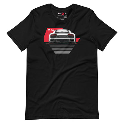 The Sensible Supercar Tee, Black front view — mid-engined V10 rear-view print, Marque automotive apparel