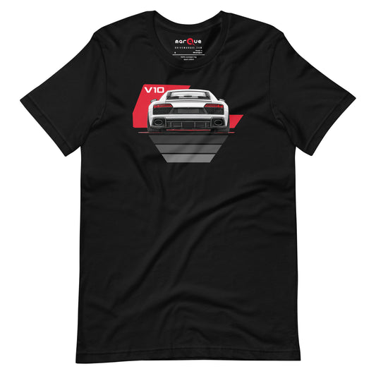 The Sensible Supercar Tee, Black front view — mid-engined V10 rear-view print, Marque automotive apparel