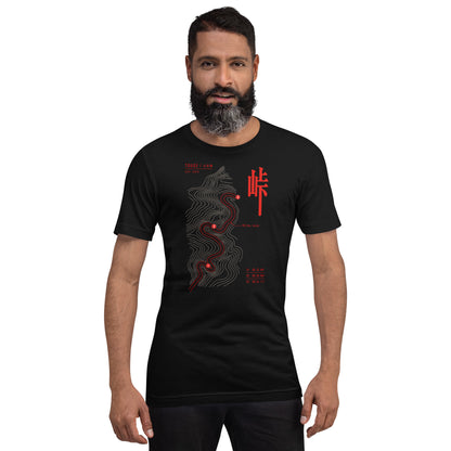 Black touge tee worn front-on, numbered corners and elevation callouts visible