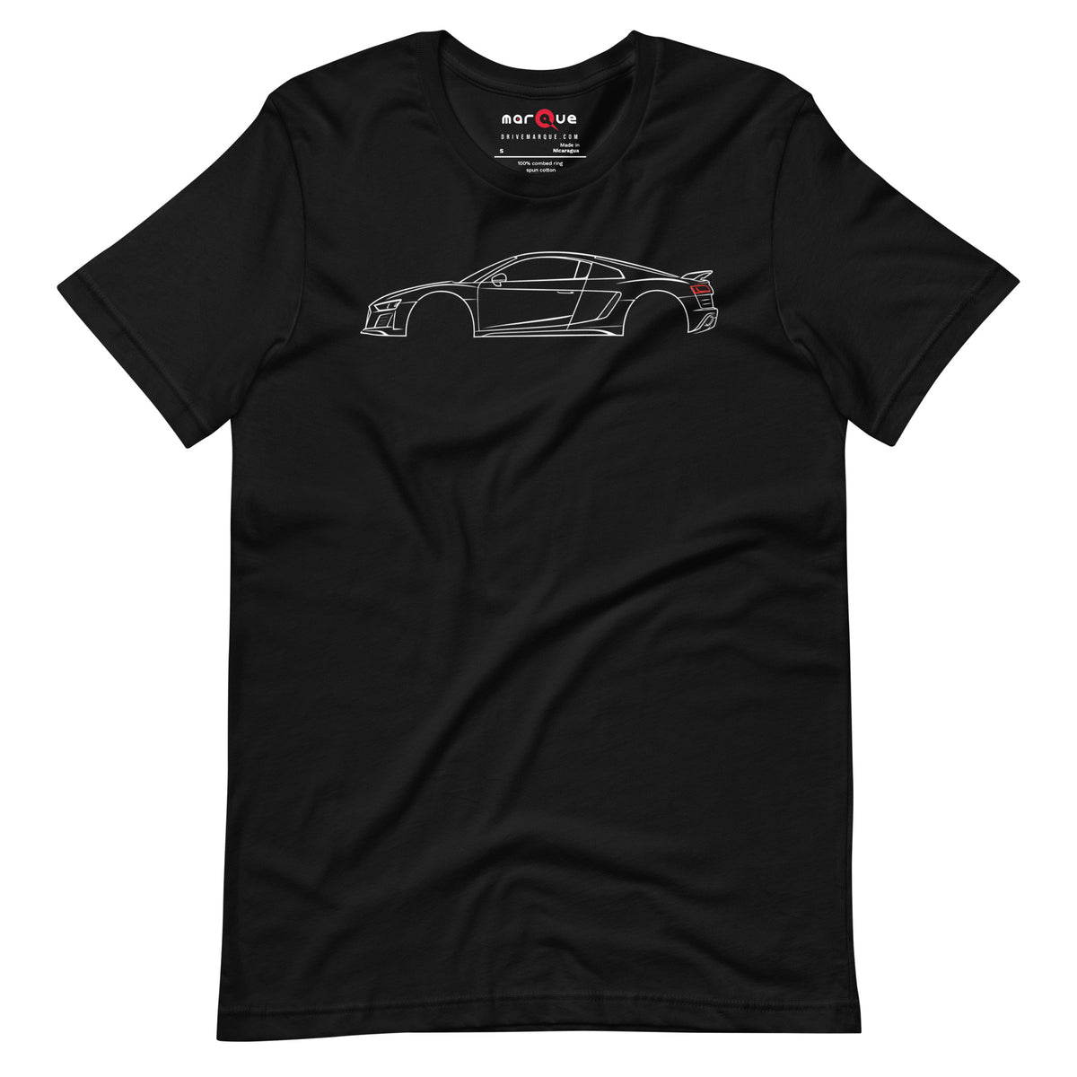 Black V10 t-shirt — white line study of a mid-engine two-seater on dark cloth