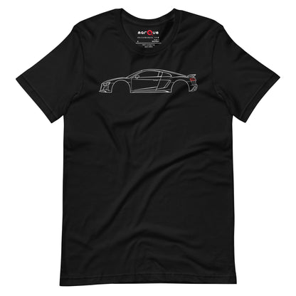 Black V10 t-shirt — white line study of a mid-engine two-seater on dark cloth