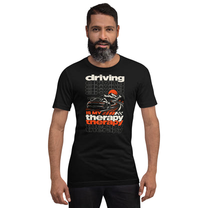 Black driving is my therapy tee worn front-on, showing the print scale on the body