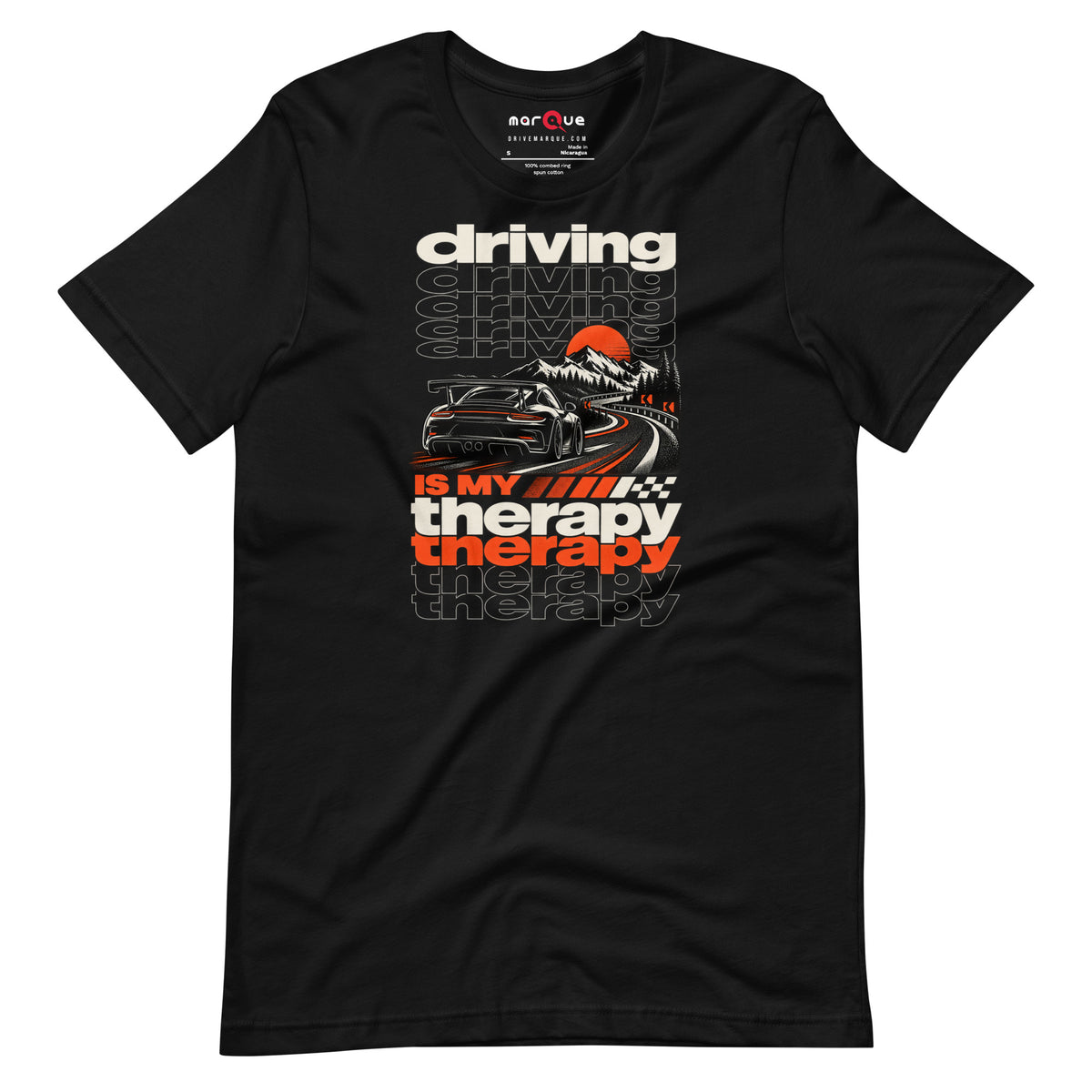 Black driving is my therapy t-shirt — rear-engine coupe climbing at sunset, big rear wing up