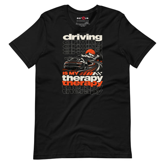 Black driving is my therapy t-shirt — rear-engine coupe climbing at sunset, big rear wing up