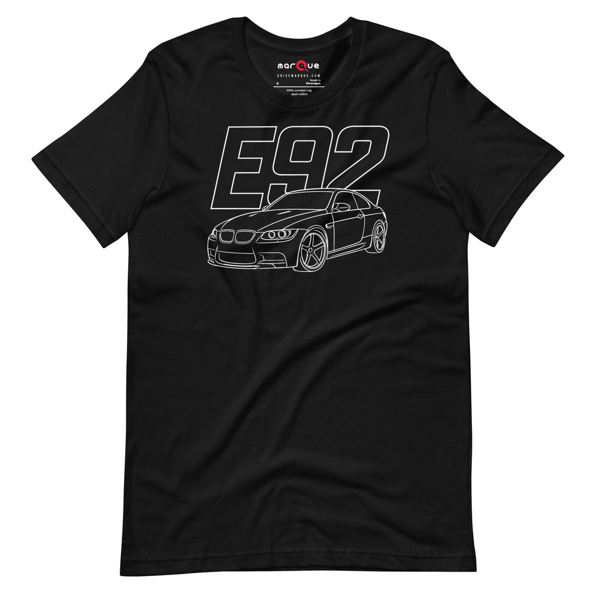 E92 Tee — Naturally Aspirated V8, Black front view — rear three-quarter line study, Marque automotive apparel