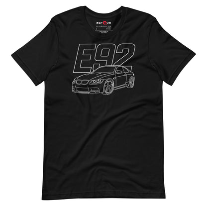 E92 Tee — Naturally Aspirated V8, Black front view — rear three-quarter line study, Marque automotive apparel