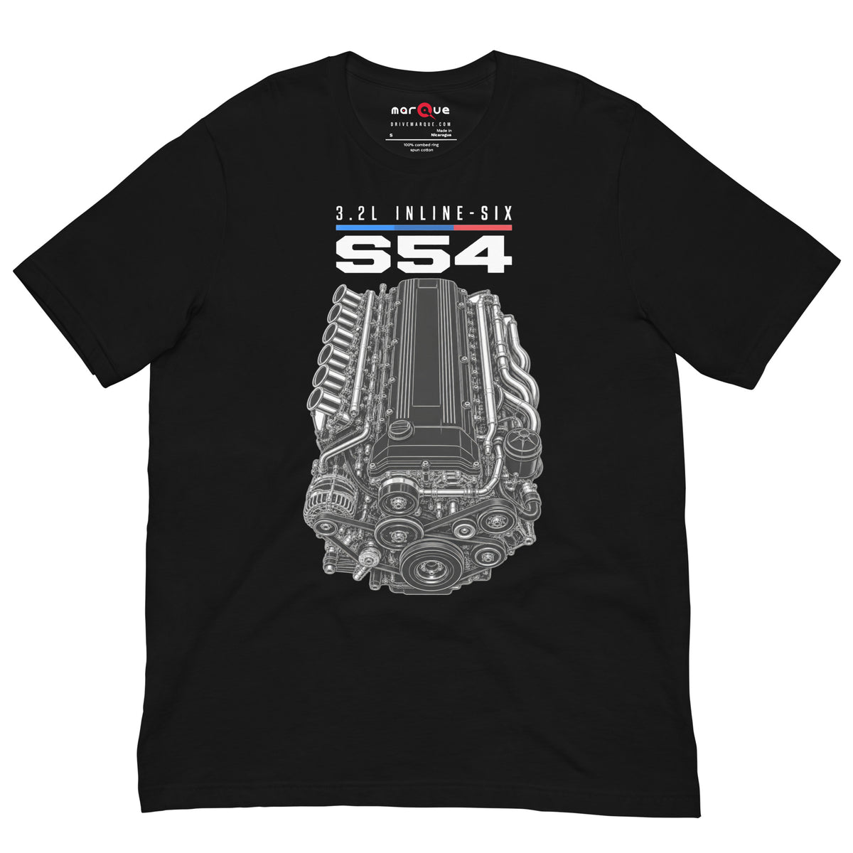 Engine Icon Tee — S54 Inline-Six, Black front view — 3.2L inline-six technical drawing, Marque automotive apparel
