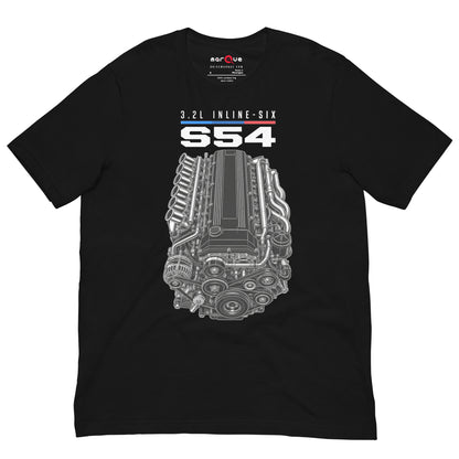 Engine Icon Tee — S54 Inline-Six, Black front view — 3.2L inline-six technical drawing, Marque automotive apparel
