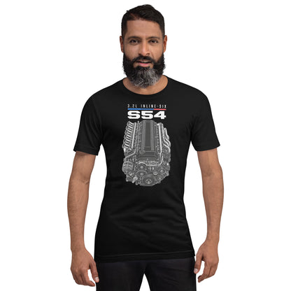 Engine Icon Tee — S54 Inline-Six, Black front view (2) — intake trumpets and cam cover detail, Marque automotive apparel