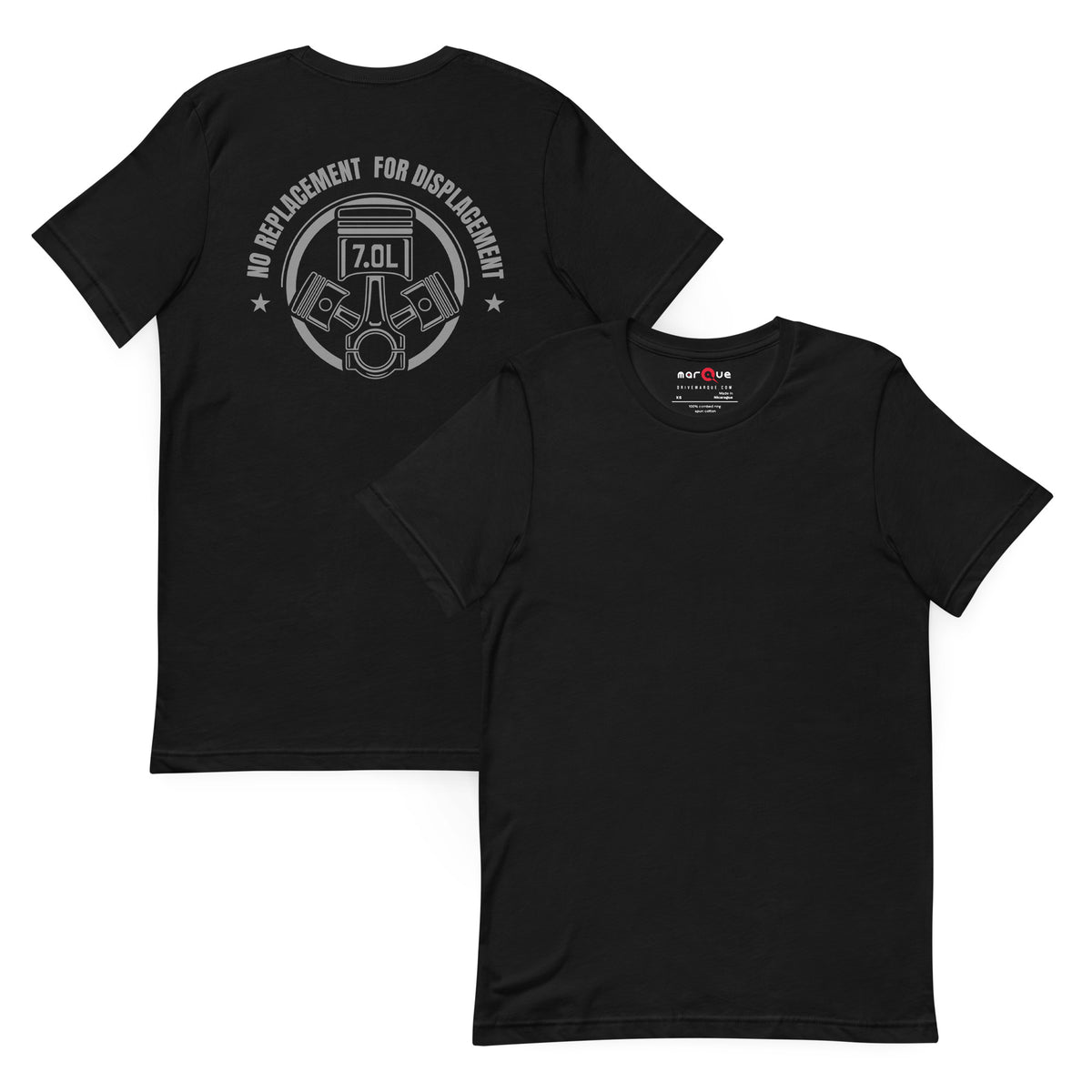 No Replacement for Displacement Tee — Big-Inch Gospel graphic t-shirt, Black front and back — Marque automotive apparel