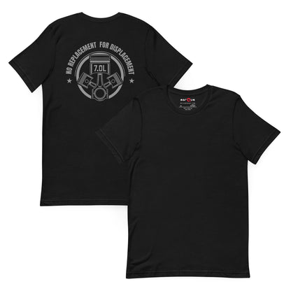 No Replacement for Displacement Tee — Big-Inch Gospel graphic t-shirt, Black front and back — Marque automotive apparel