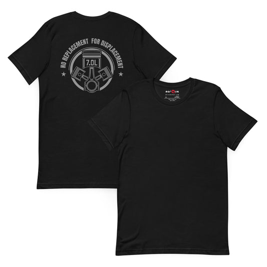 No Replacement for Displacement Tee — Big-Inch Gospel graphic t-shirt, Black front and back — Marque automotive apparel