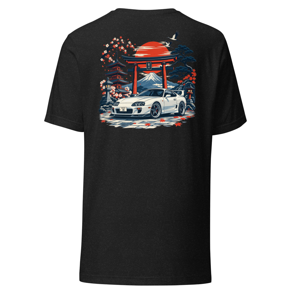 Black Heather A80 back print t-shirt laid flat, red sun and maple leaves framing the coupe