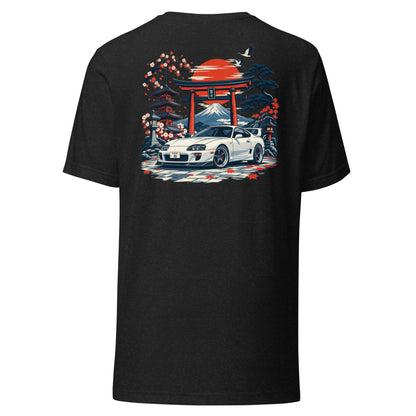Black Heather A80 back print t-shirt laid flat, red sun and maple leaves framing the coupe