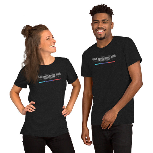 Twin Grille Tee — Tricolor Stripes graphic t-shirt, Black Heather front view (2) — Marque automotive apparel
