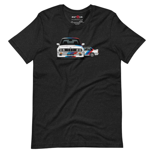 E30 Box Flare Tee — Widebody Icon graphic t-shirt, Black Heather front view — Marque automotive apparel