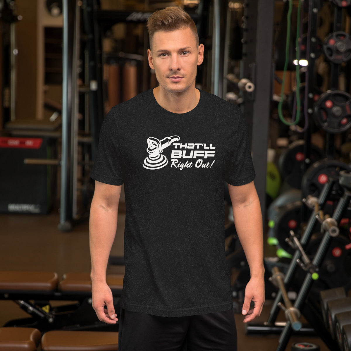 That'll Buff Right Out Tee — Optimism, Applied graphic t-shirt, Black Heather front view (3) — Marque automotive apparel