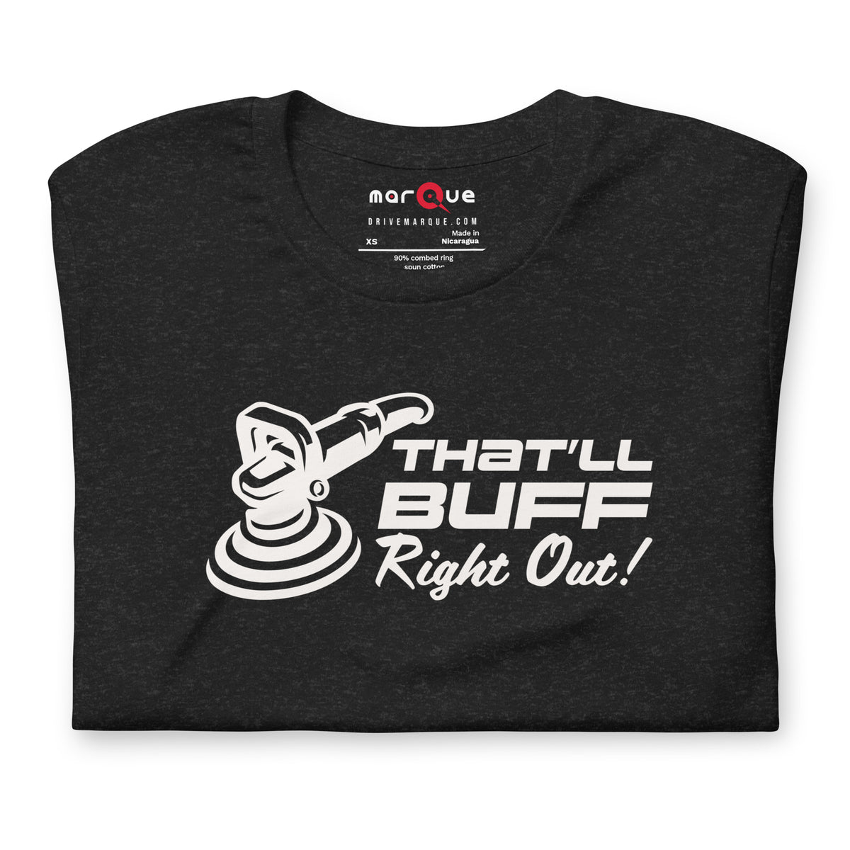 That'll Buff Right Out Tee — Optimism, Applied graphic t-shirt, Black Heather front view (2) — Marque automotive apparel