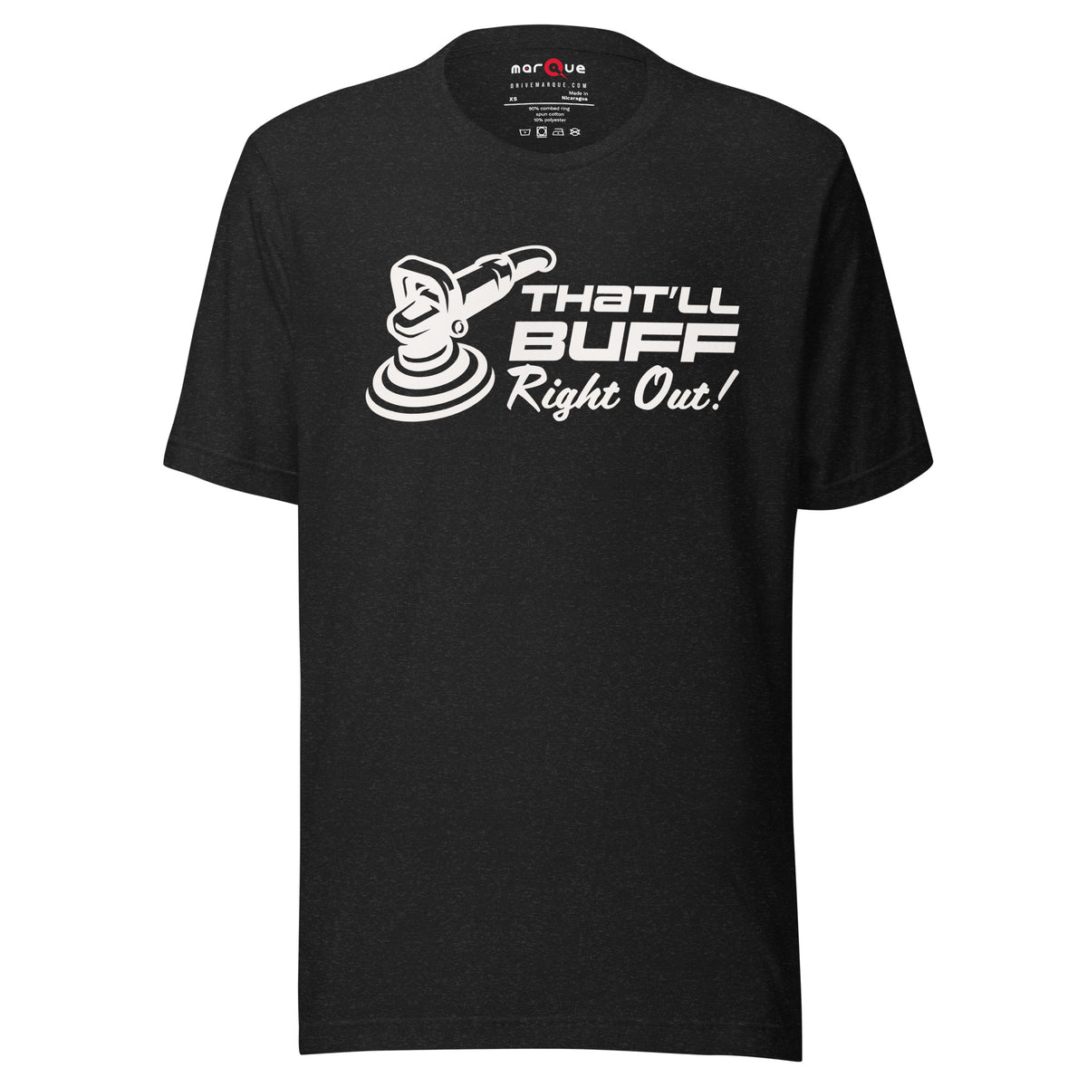That'll Buff Right Out Tee — Optimism, Applied graphic t-shirt, Black Heather front view — Marque automotive apparel