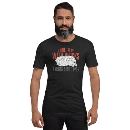 I Still Play With Blocks Tee, Black Heather — worn front view, Marque automotive apparel