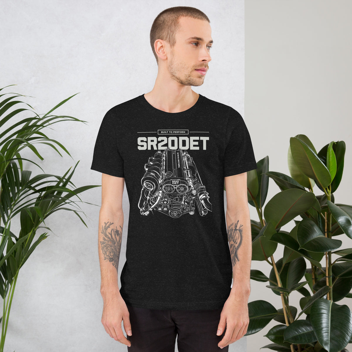 SR20DET Tee, Black Heather front view — twin-cam turbo engine line art, Marque automotive apparel