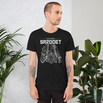 SR20DET Tee, Black Heather front view — twin-cam turbo engine line art, Marque automotive apparel