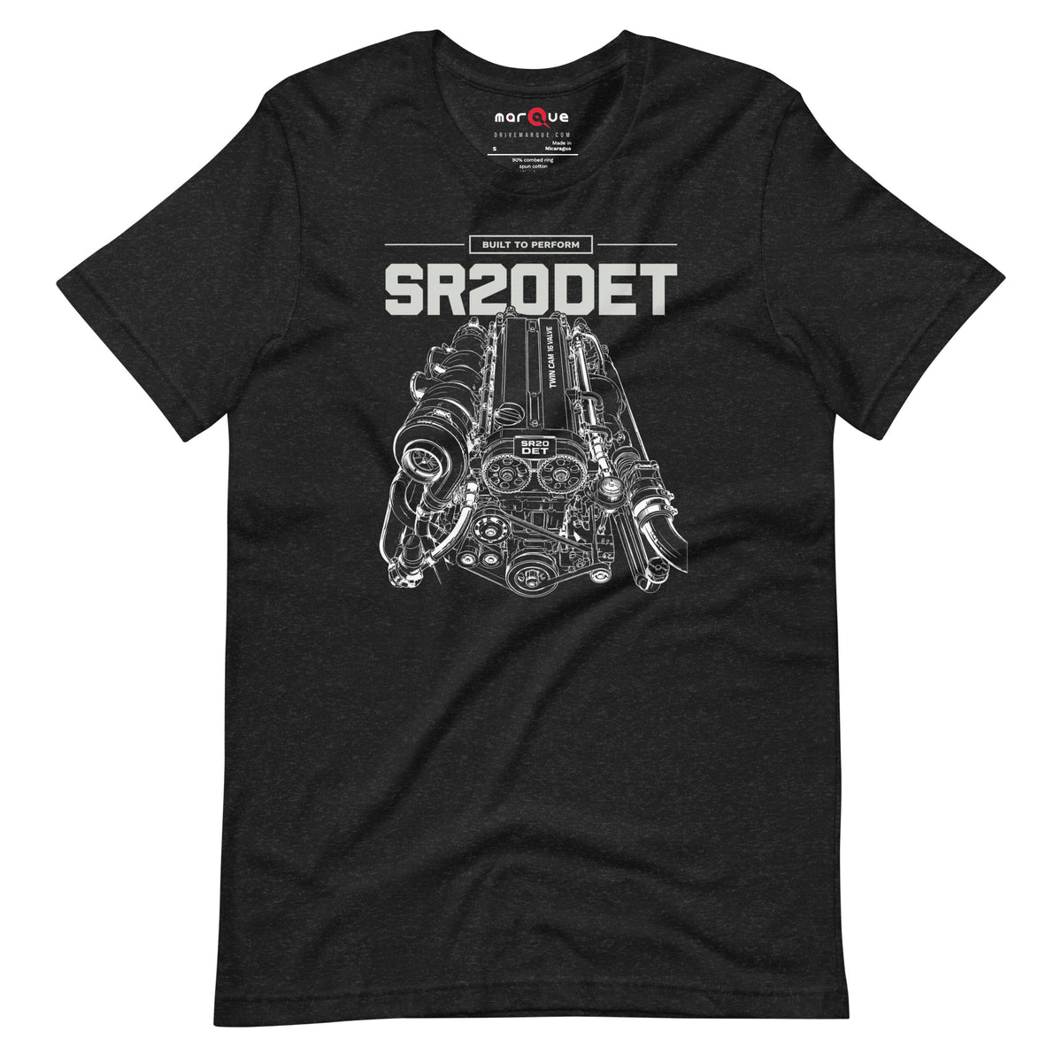SR20DET Tee, Black Heather flat lay — twin-cam turbo engine line art, Marque automotive apparel